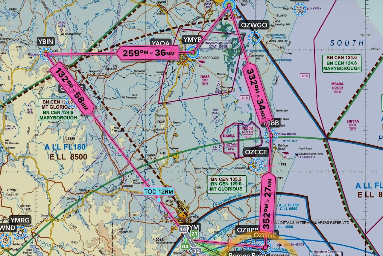 Navigation chart showing the Challenge Cup Air Rally course, waypoints and leg distances around the Gympie, Maryborough and Hervey Bay area
